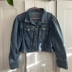 Short Light Denim Jean Jacket with Puffy Shoulders, Size XXL